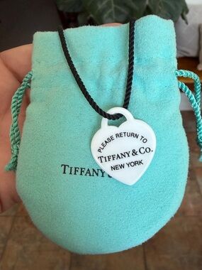 Tiffany & Co. Bone China Heart Tag Pendant Silk Chord, Silver Clasp